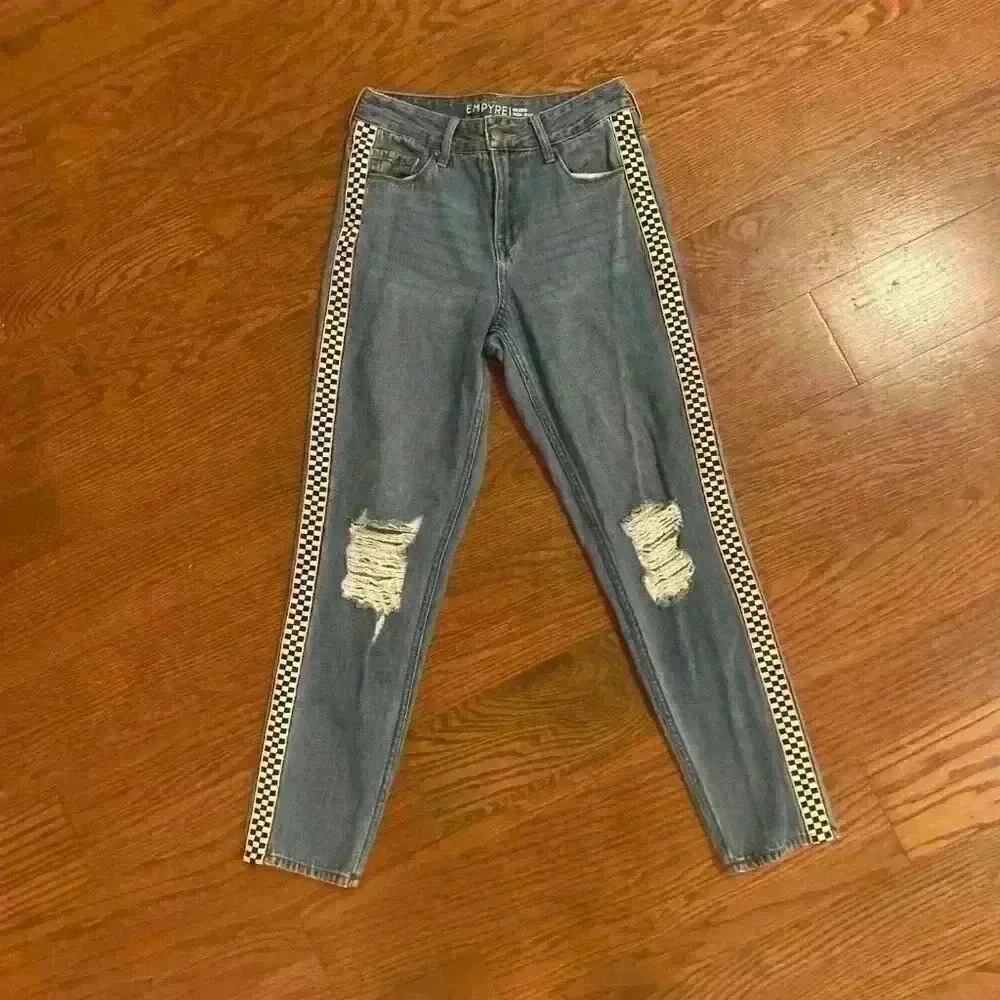 Empyre Eileen Checkered Striped Medium Wash Mom Jeans Size 0 Zumiez Distressed - Picture 15 of 15